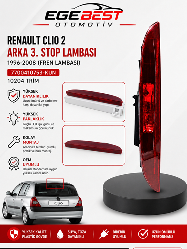 Renault 3.Clio 2 Arka 3. Stop Lambası 1996-2008 (Fren Lambası)- 7700410753-KUN 10204 TRİM