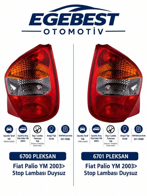 Fiat Palio 2003-2012 Sağ ve Sol Takım Stop Lambası Duysuz 6700-6701 46845632-33 PLEKSAN